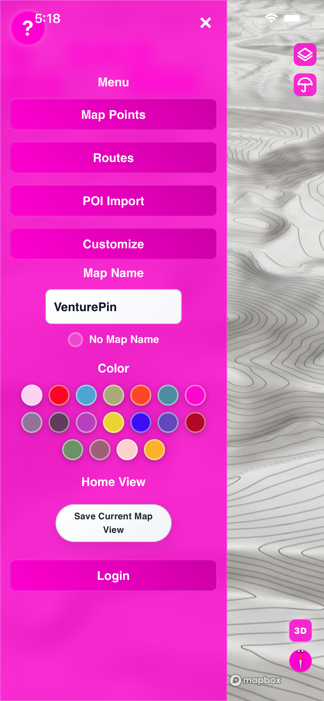 VenturePin App Main Menu Map Navigation